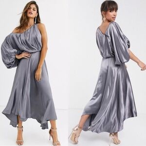 ASOS EDITION 🔹 Blouson One Shoulder Steel Gray Dress in Satin - Size 4